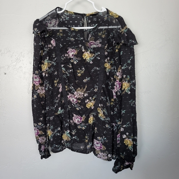 Art Class Girls 10/12 Large Black Long Sleeve Blouse Floral Lace Swiss Dot Shirt - Picture 1 of 5